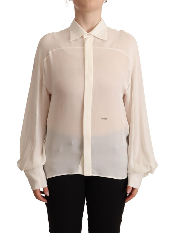 Elegante blusa de manga larga de seda blanca