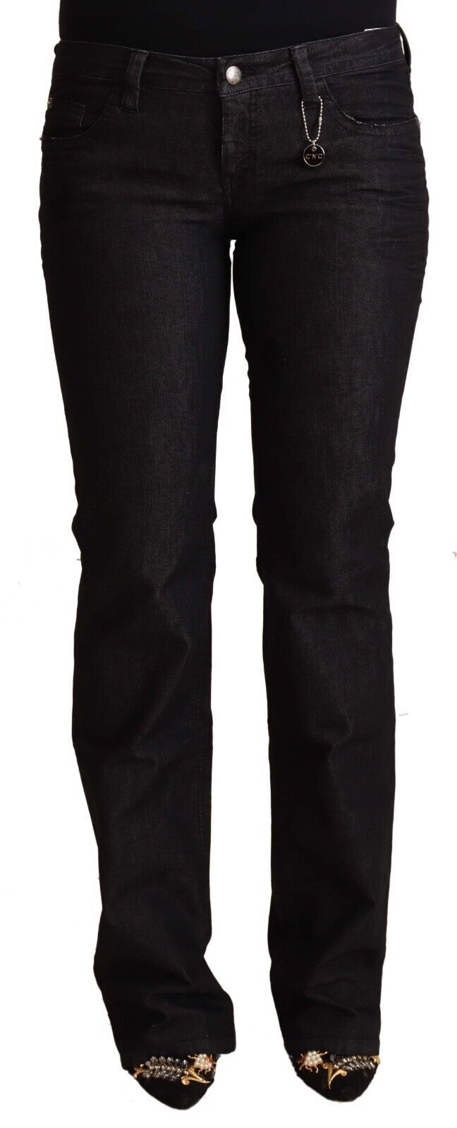 Jeans in denim nero magro a bassa vita chic