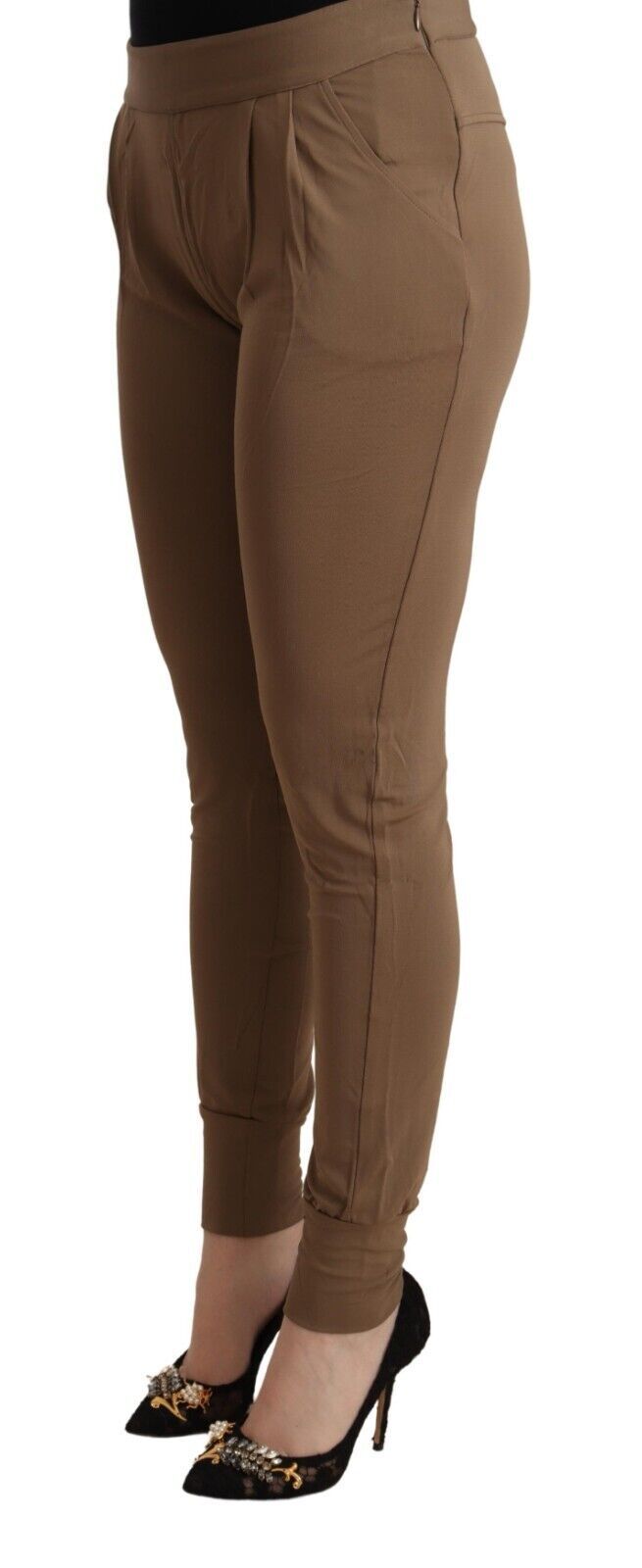 Pantalon effilé à la taille mi-taille marron chic