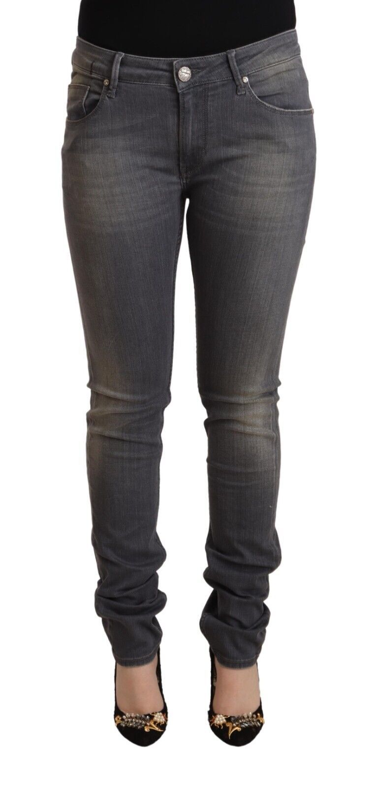 Elegante dunkelgraue Skinny -Jeans - Low Taille Reißverschluss