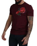 Elegant Bordeaux Roses Motiv Crewneck -T -Shirt