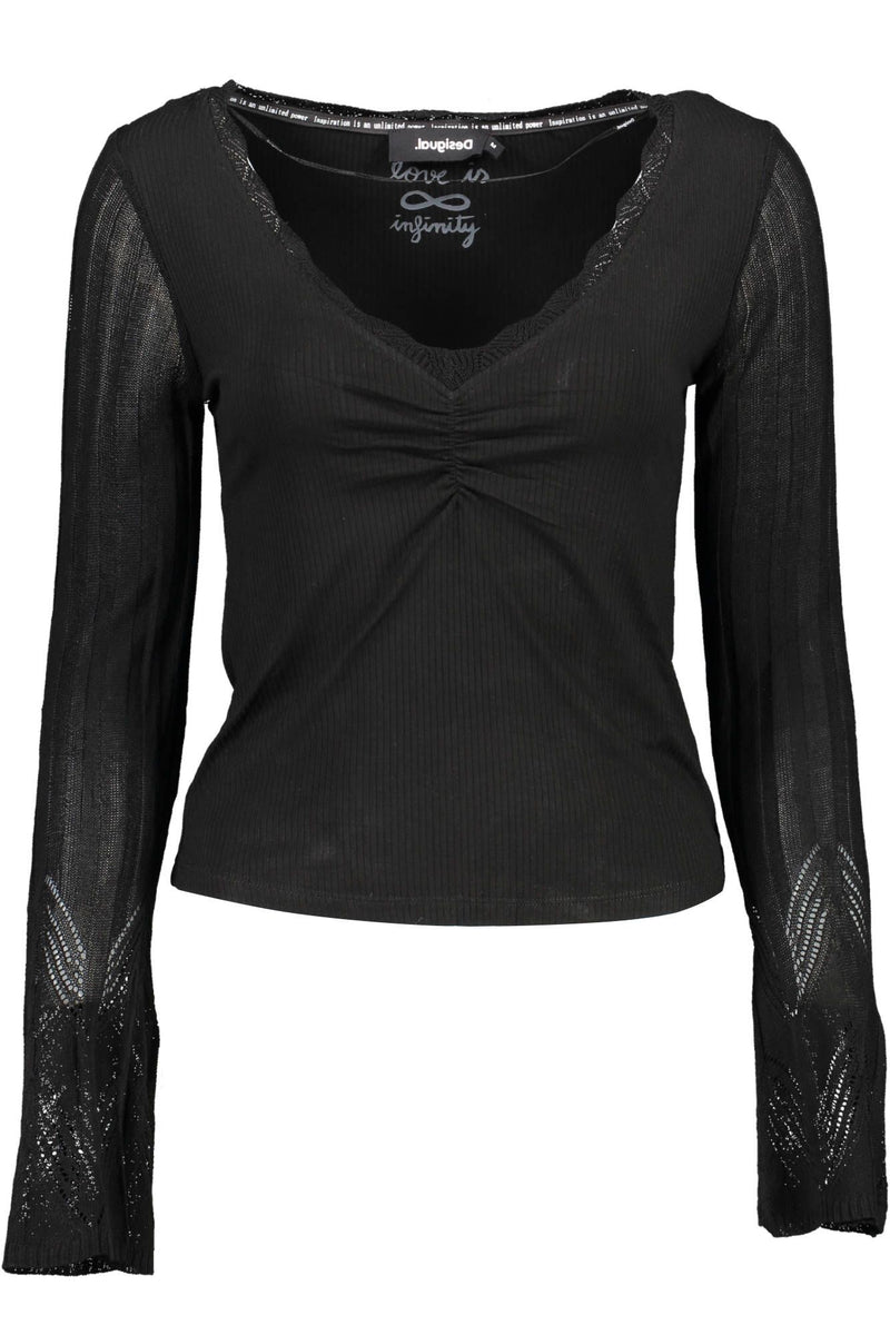 Chic en V-Neck Lace Accent Black