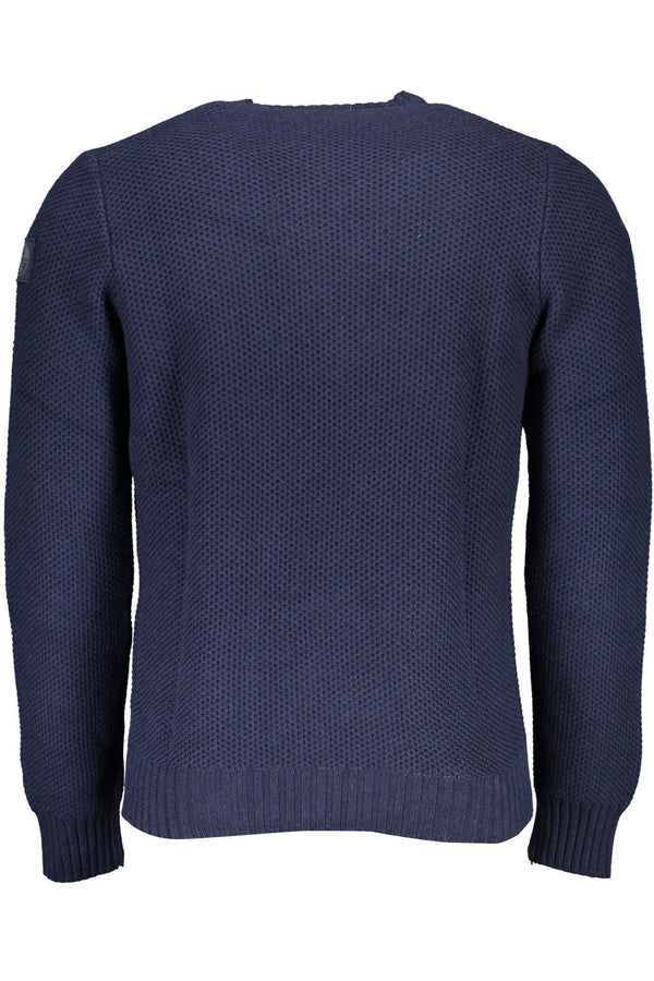 Maglione blu rotondo a collo con dettagli contrastanti