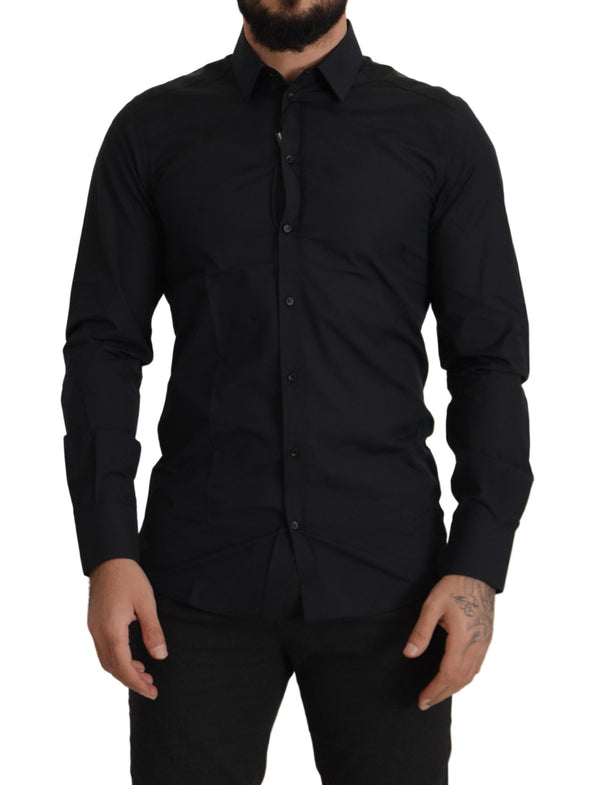 Shirt de robe en coton noire élégante Slim Fit