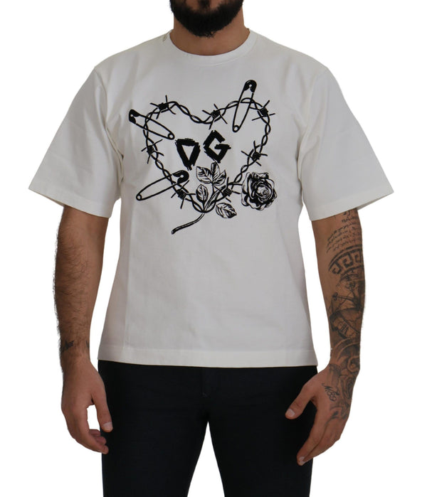 Elegante tee di Crewneck Roses del cuore bianco