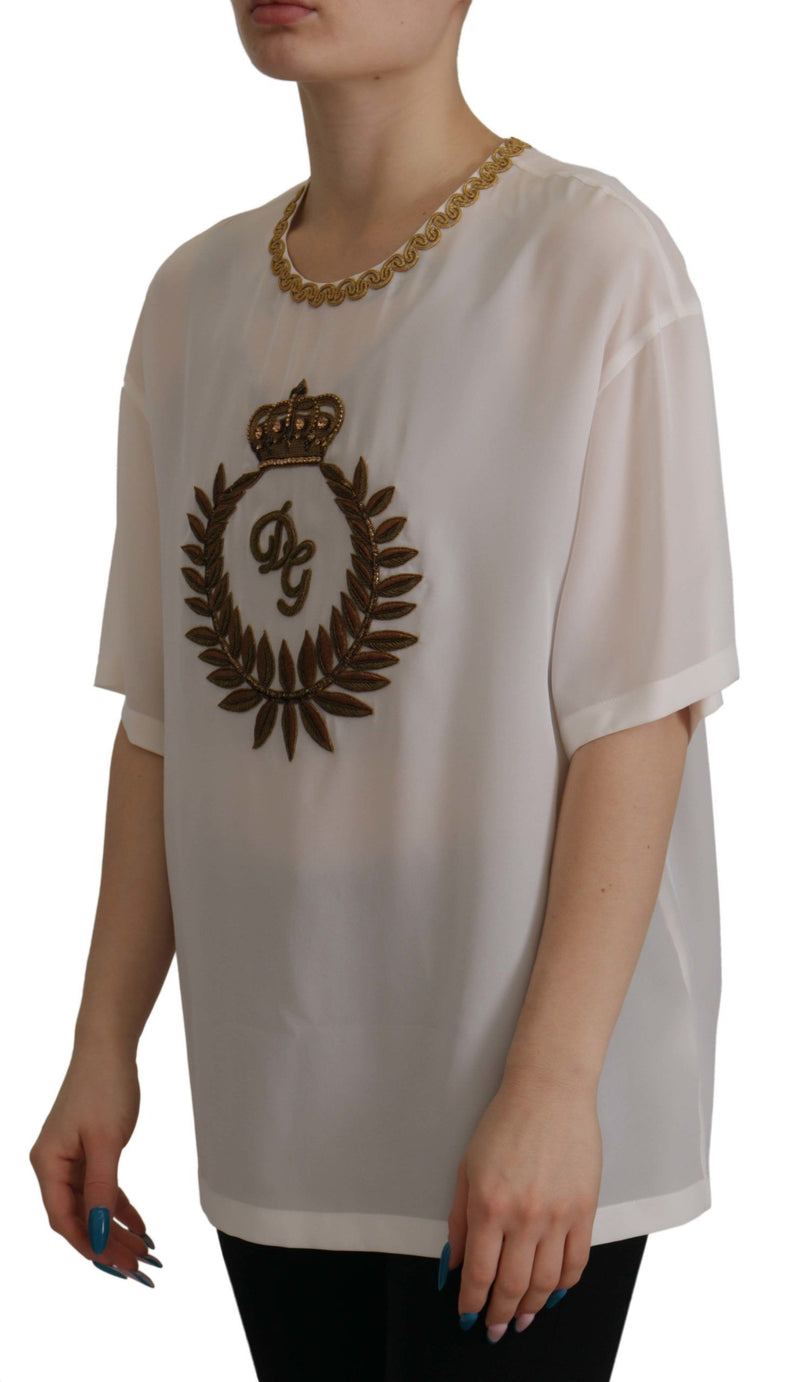 Elegante Seidenbluse mit Goldkronstickerei