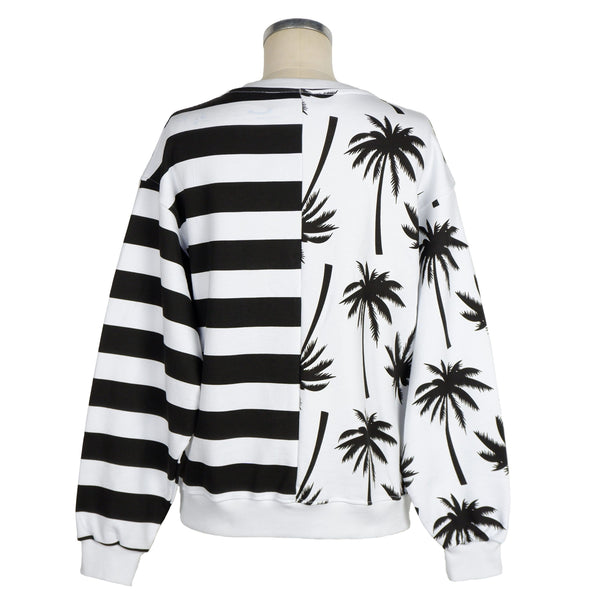 Chic Monochrome Stripe Palm Print Sweater