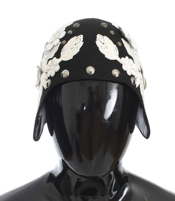 Elegante cappello cloche di lana floreale nera