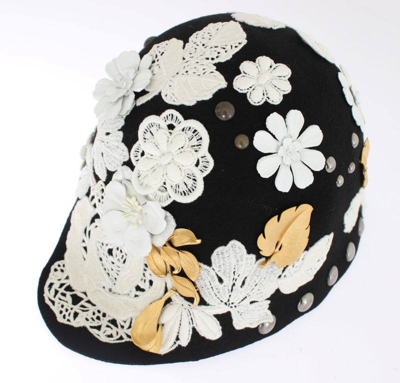 Élégant chapeau de cloche en laine florale noire