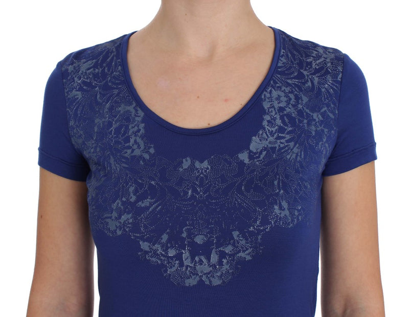 Elegante camiseta de cuello de la tripulación azul con detalle del logotipo