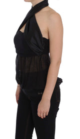 Elegante blusa de envoltura negra nocturna