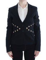 Chic Black Stretch Blazer con il dettaglio del pulsante d'oro