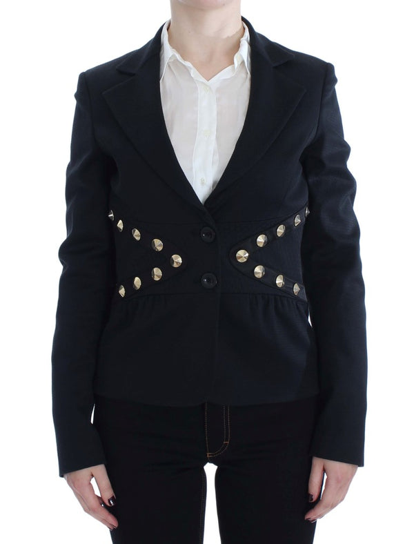 Chic Black Stretch Blazer con il dettaglio del pulsante d'oro