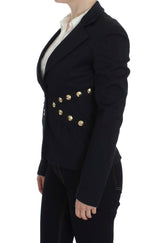 Chic Black Stretch Blazer με λεπτομέρειες χρυσού κουμπιού