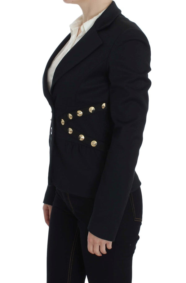 Chic Black Stretch Blazer con detalle de botón dorado