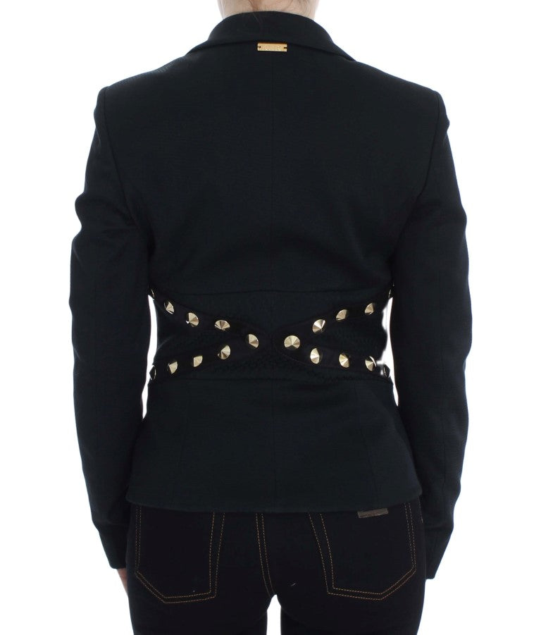 Chic Black Stretch Blazer con il dettaglio del pulsante d'oro