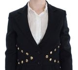 Chic Black Stretch Blazer con il dettaglio del pulsante d'oro