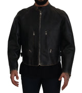 Elegant Black Leather Jacket with Silver Details