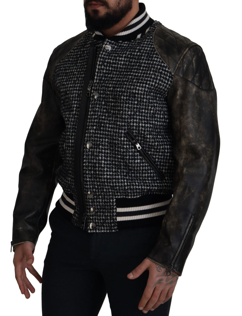 Bomber in pelle Houndstooth multicolore