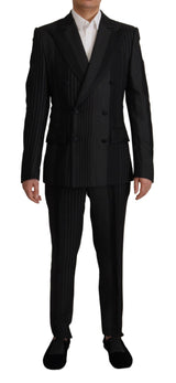 Elegant Black Striped Slim Fit Two Suit