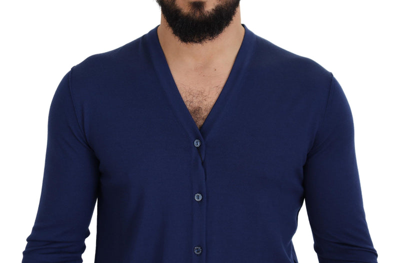 Elegante maglione di cardigan blu di lana vergine