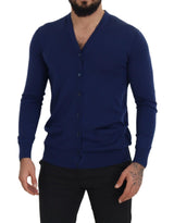 Elegante maglione di cardigan blu di lana vergine