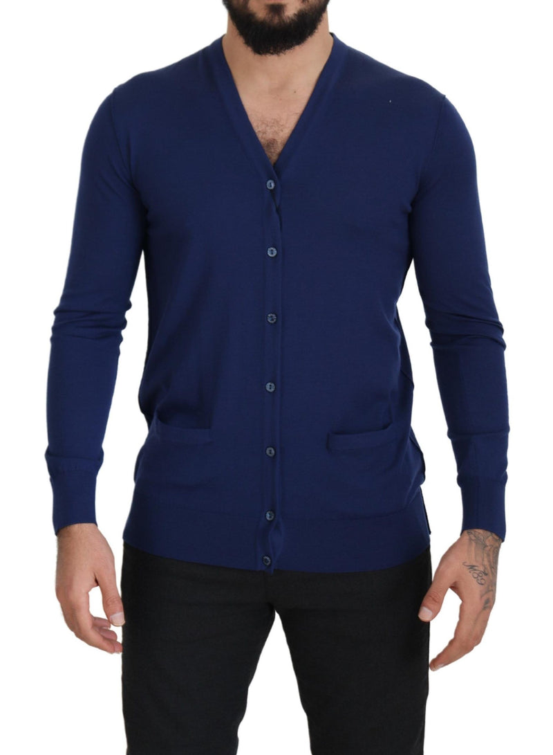 Elegante maglione di cardigan blu di lana vergine