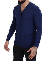 Elegante maglione di cardigan blu di lana vergine