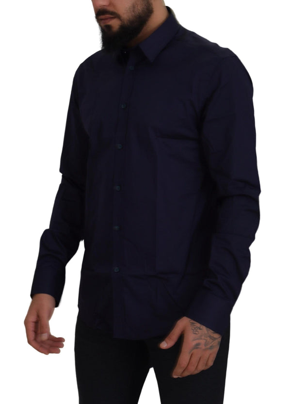 Elegant Dark Blue Cotton Blend Dress Shirt