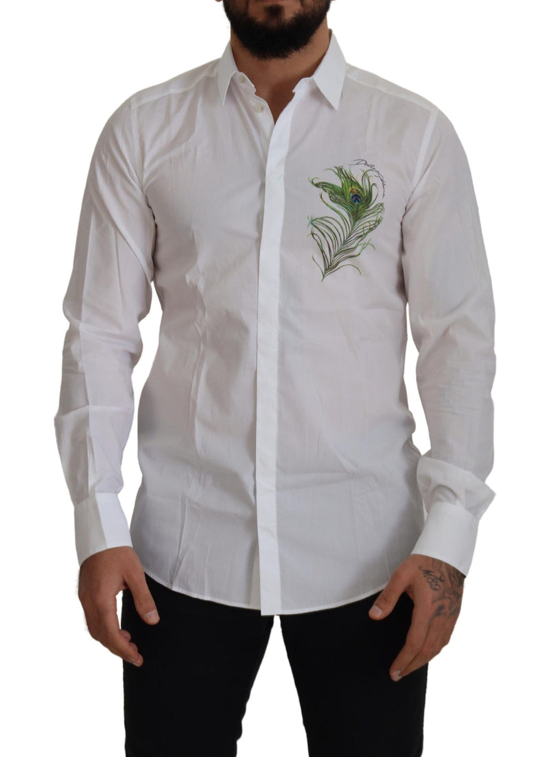 Elegante camisa de vestir de plumas de pavo real blanco