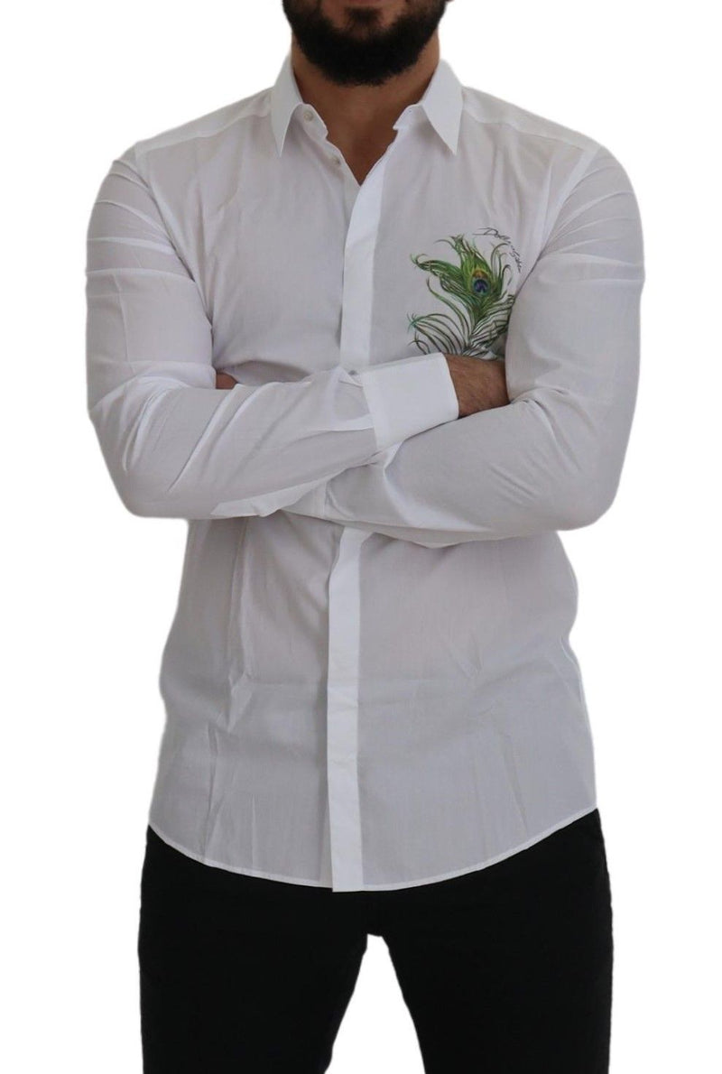 Elegante camisa de vestir de plumas de pavo real blanco