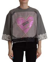 Chic Grey Cotton Heart Tee with Bell Sleeves