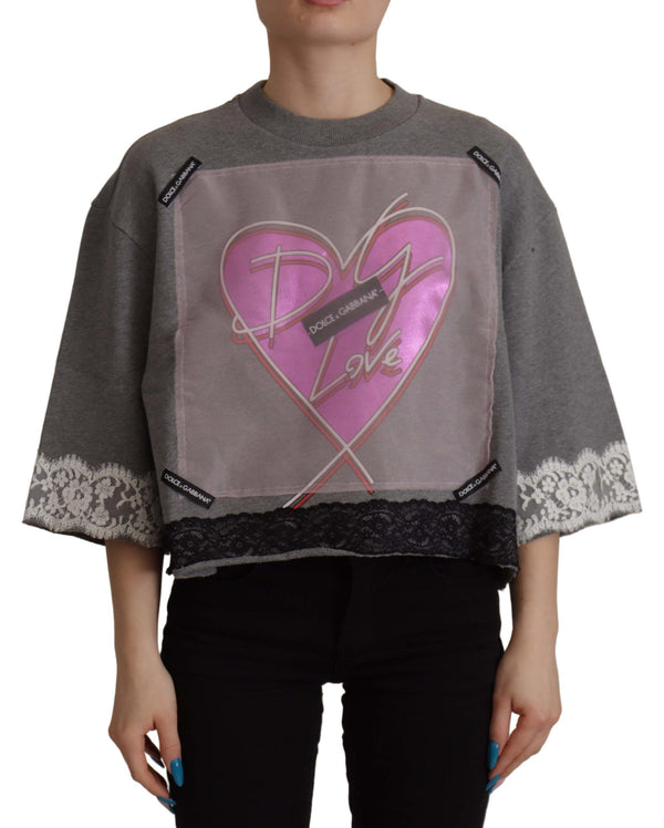 T-shirt de coeur en coton gris chic avec des manches de cloche