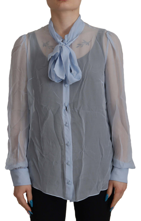 Elegant Silk Ascot Collar Blouse en bleu clair