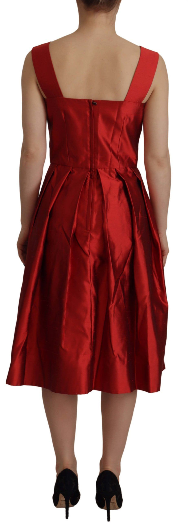 Strahlende rote Seide A-Line MIDI-Kleid