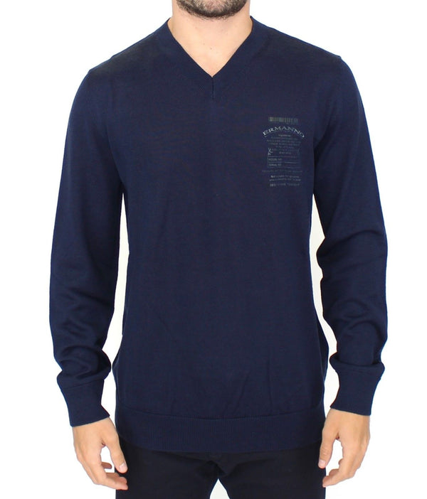 Elegant Blue V-Neck Wool Blend Pullover