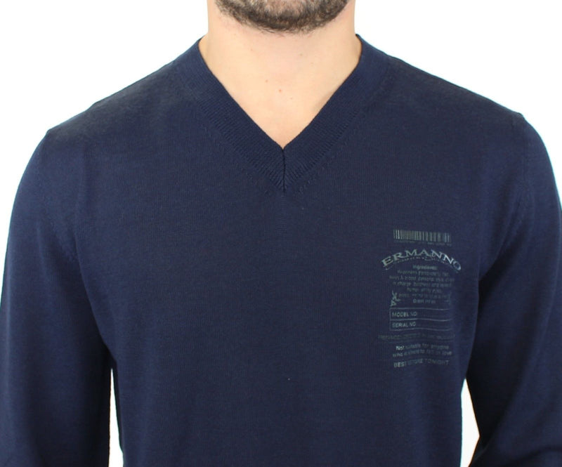 Eleganter blauer V-Ausschnitt Wollmischung Pullover