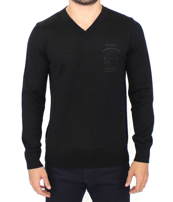 Eleganter schwarzer Wollmischpullover mit V-Ausschnitt