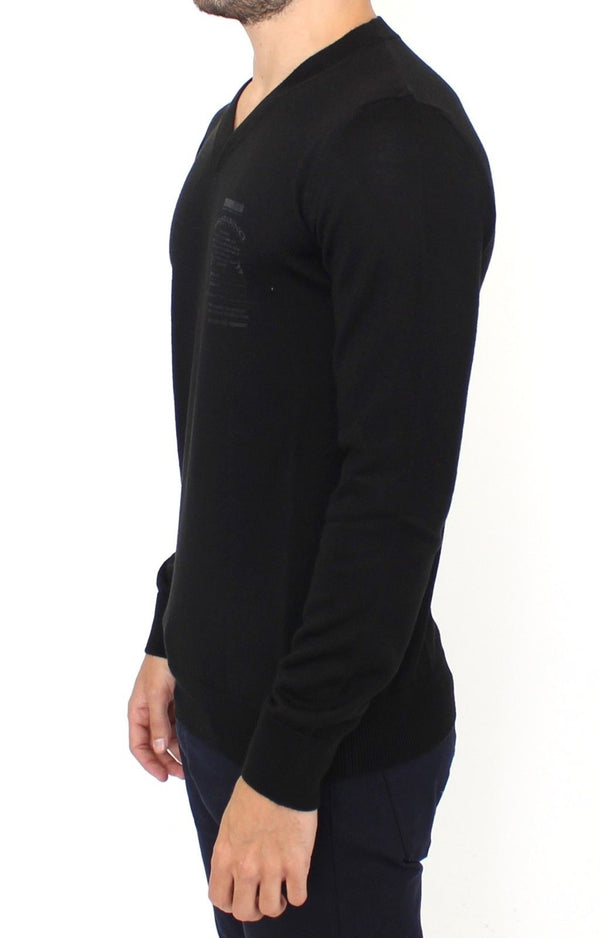 Eleganter schwarzer Wollmischpullover mit V-Ausschnitt