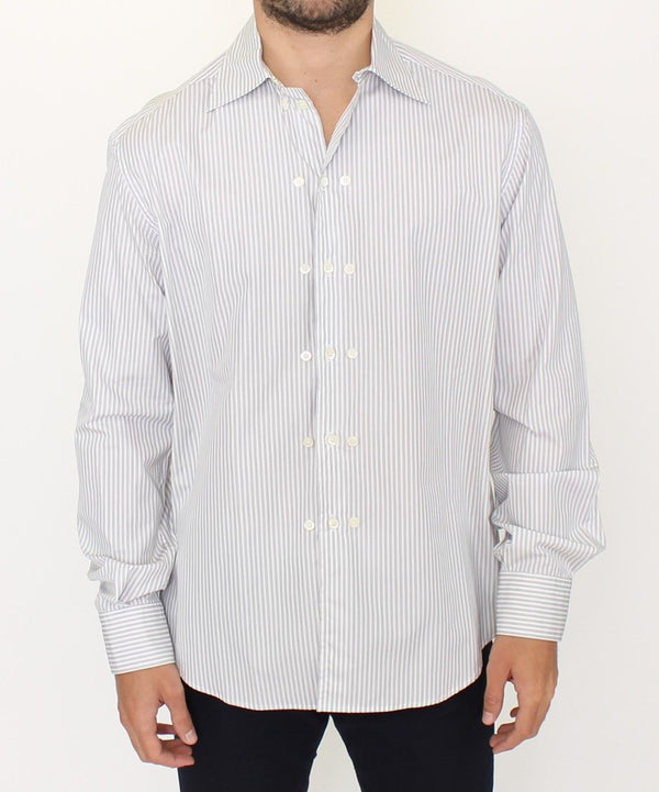 Elegante camisa de algodón a rayas blancas y grises