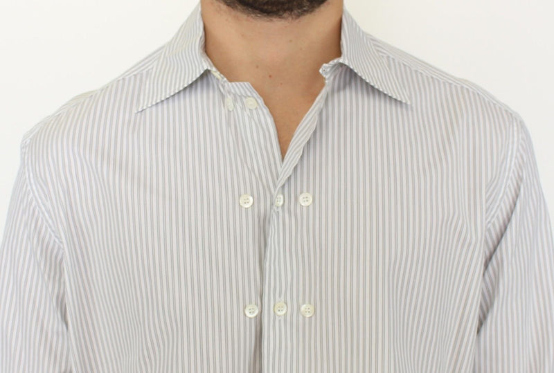 Elegante camicia di cotone a strisce bianche e grigie