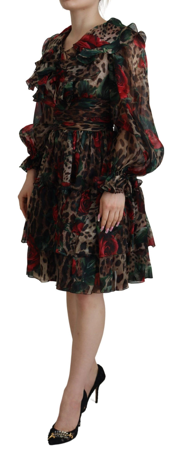 Vestido de estampado de leopardo de seda y rosas rojas