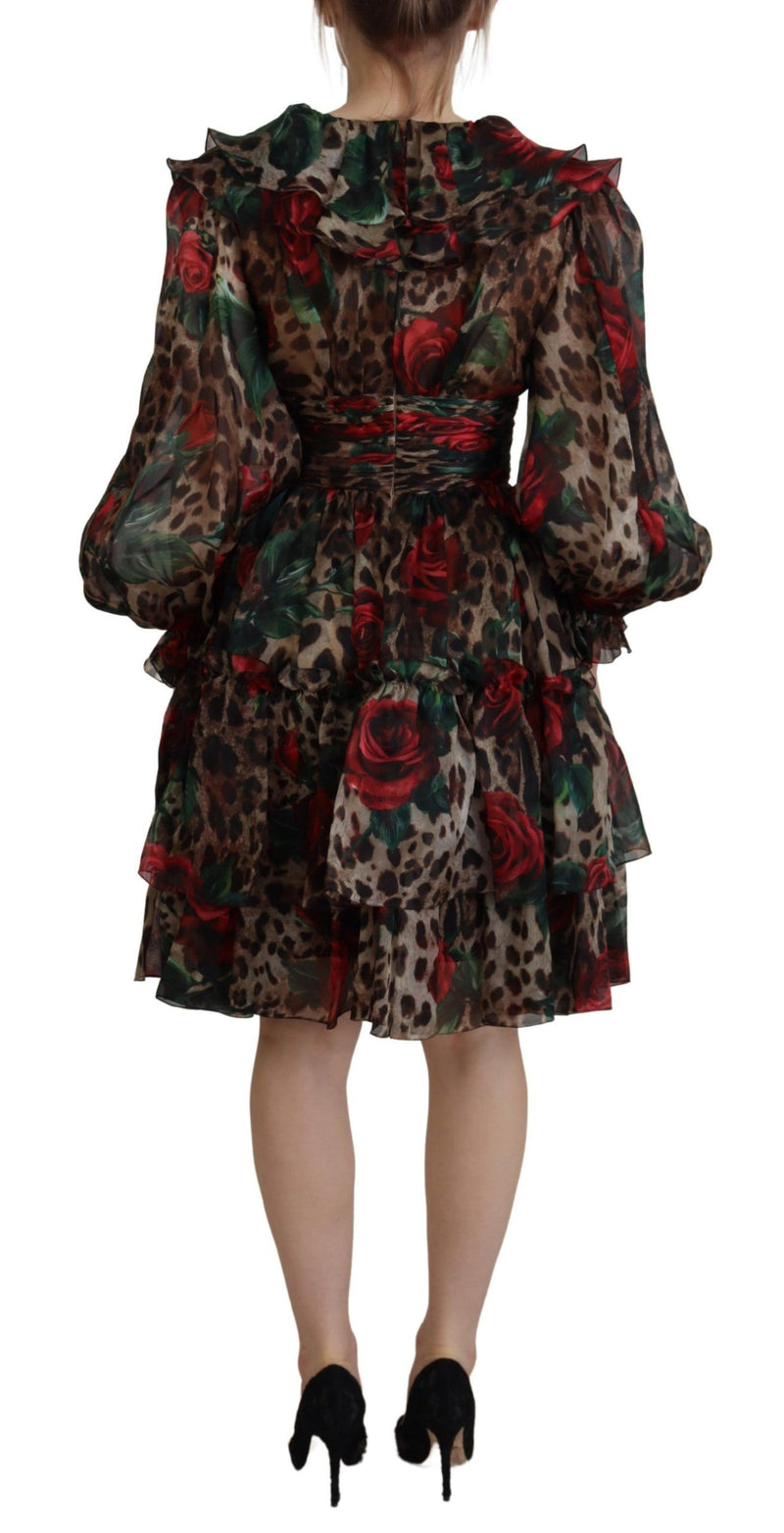 Vestido de estampado de leopardo de seda y rosas rojas