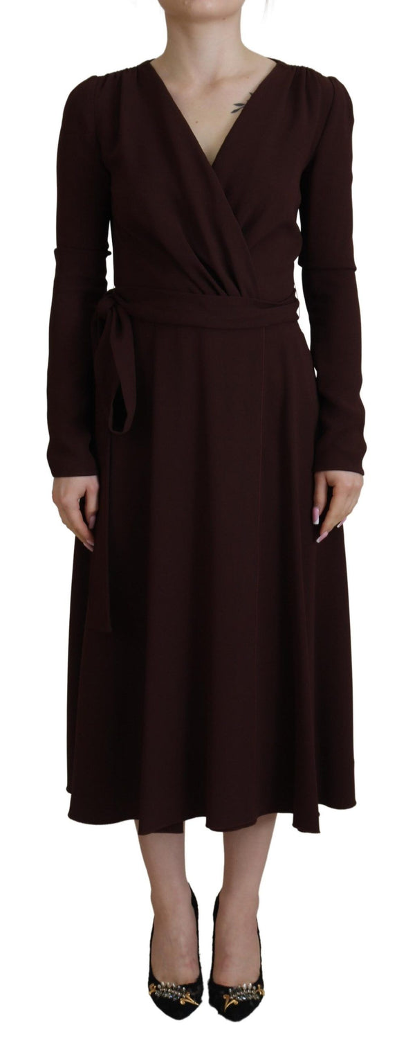 Elegant Brown Long Sleeve Wrap Dress