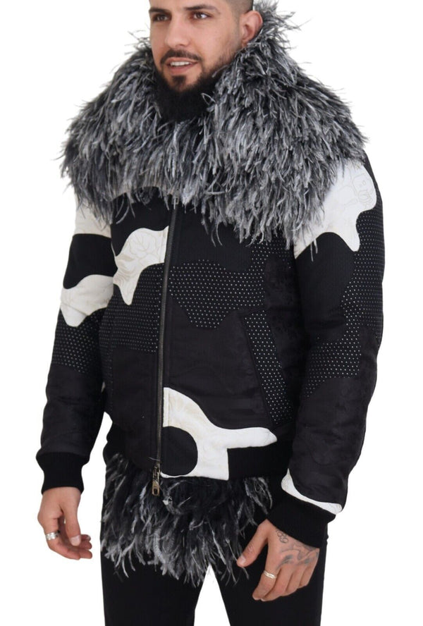 Elegant Shearling Zip Veste en noir et blanc