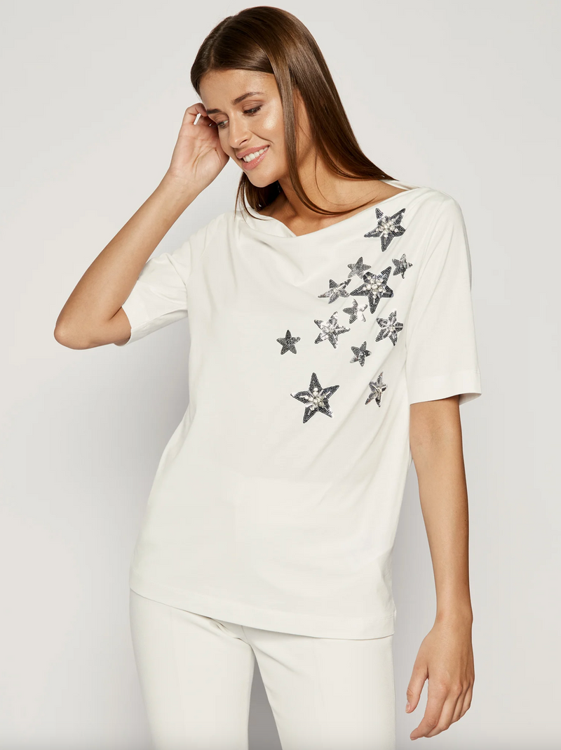 Elegant White Cotton Tee with Rhinestone Accents