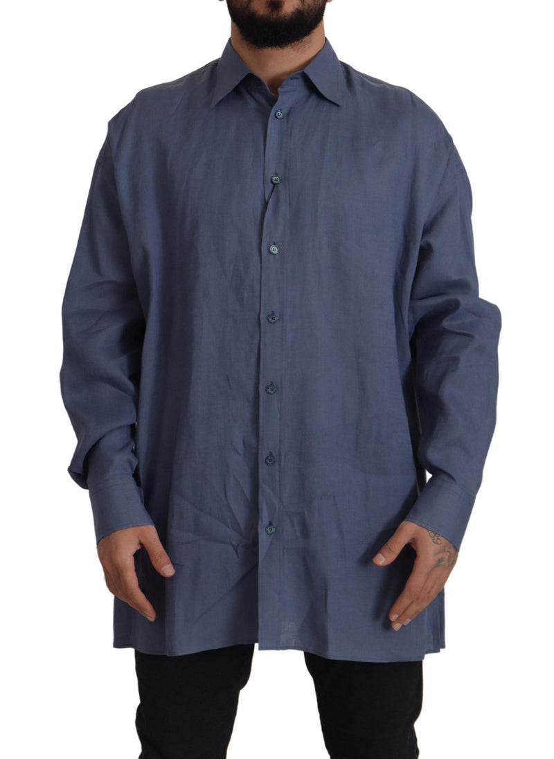 Elegante camisa de vestir de lino azul oscuro