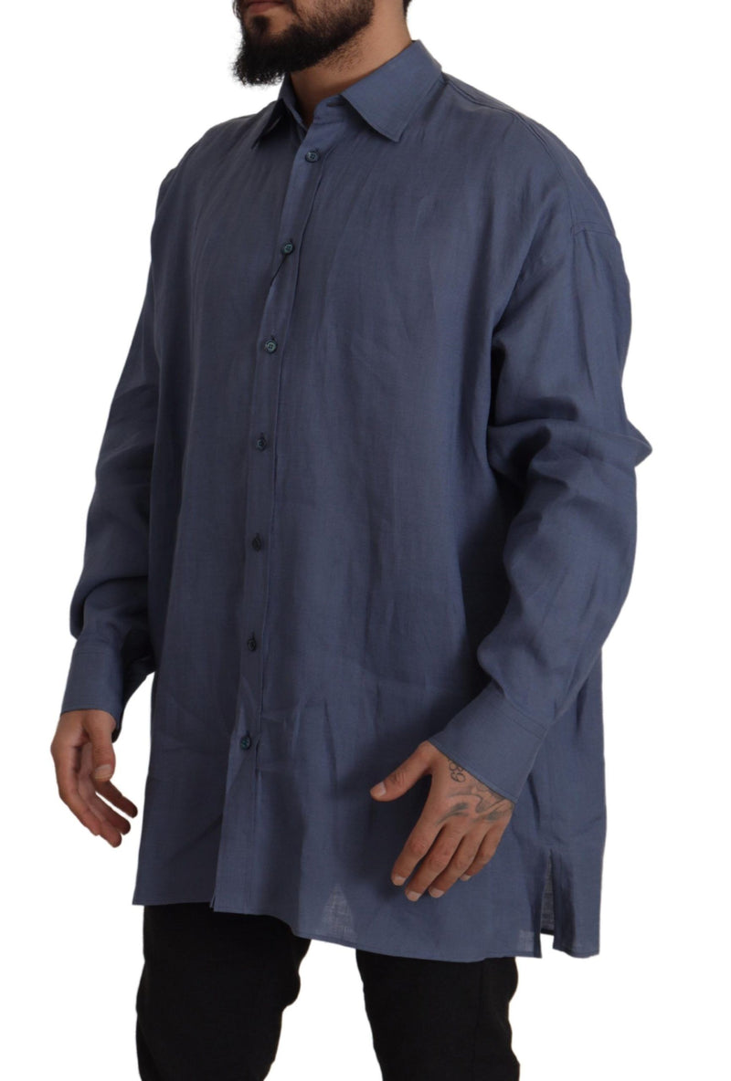 Elegante camicia di abito in lino blu scuro