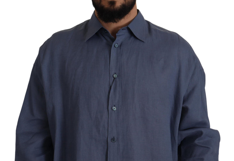 Elegante camisa de vestir de lino azul oscuro