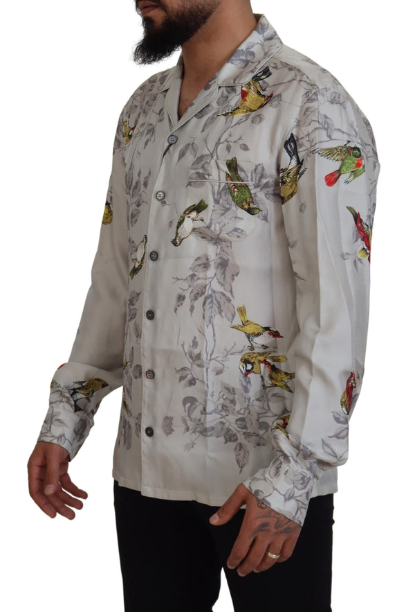 Elegante camisa casual con estampado de pájaro de seda